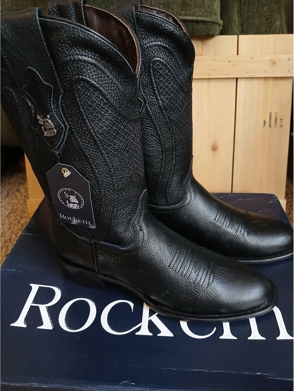 Rock'em Floter Negro Black Leather Western Boots Size 9.5 US / 28.5 MEX